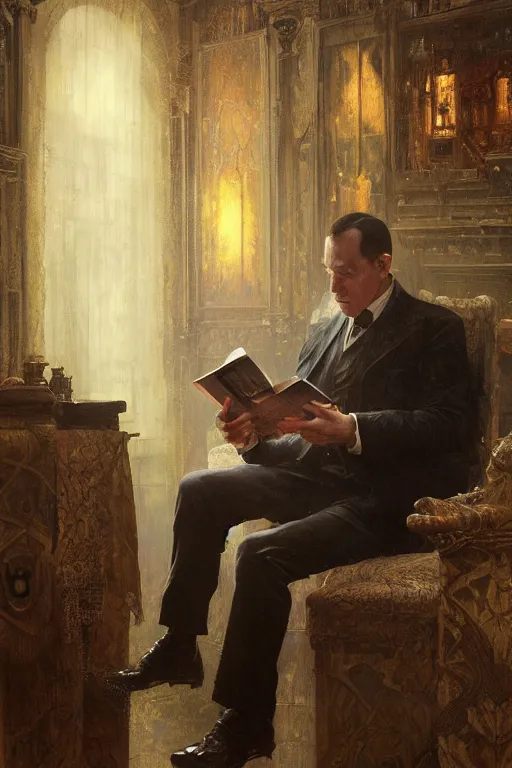 Prompt: , h p lovecraft reading an ancient tome at a victorian study hyperrealistic portrait, bladerunner street, art of elysium by jeremy mann and alphonse mucha and greg rutkowski, fantasy art, photo realistic, dynamic lighting, artstation, poster, volumetric lighting, very detailed face, 4 k, award winning