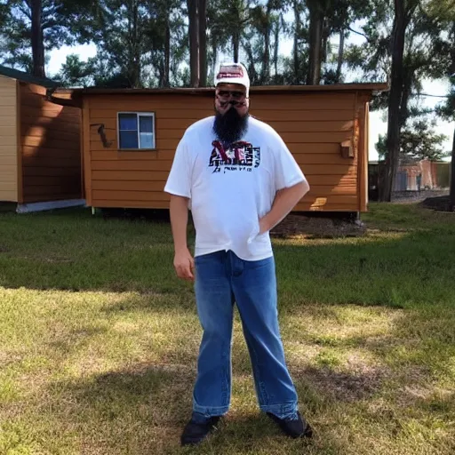 Prompt: anime ethank klein from h 3 h 3 dressed as an american redneck, standing in front of a mobile home in northern georgia, usa