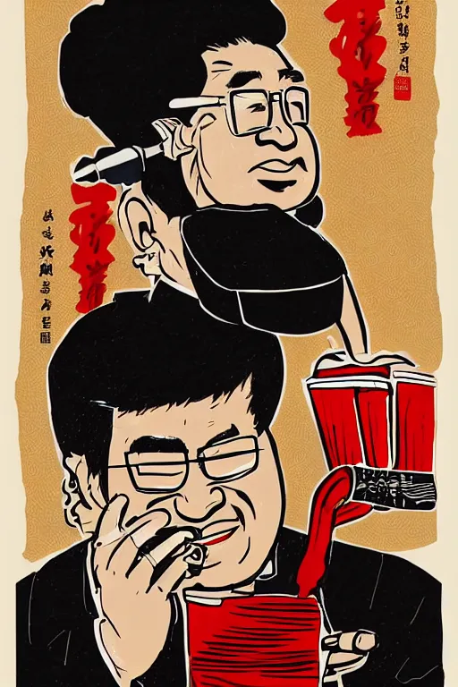 Image similar to worker revolution drinking beer and fried chicken through his head, wang guangyi and yu zhenli art style, higly detailed