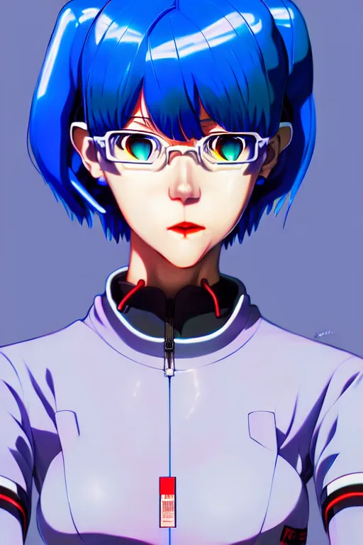 Image similar to a fullbody portrait of rei ayanami neon genesis evangelion : : blue hair, under repairs, maintenance : : by ilya kuvshinov, rossdraws, artgerm, sola digital arts, anti aliasing, raytracing : :