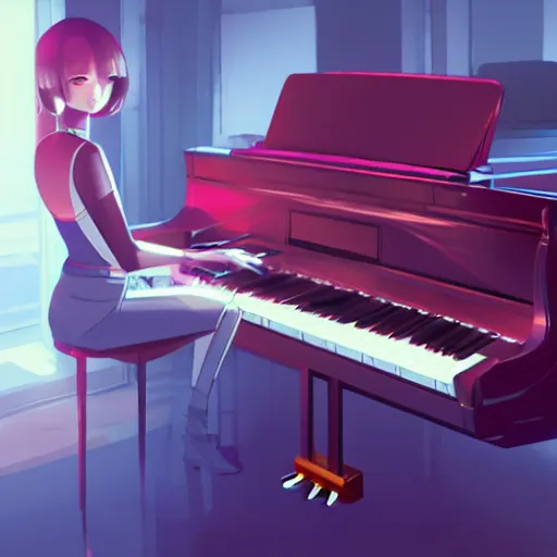 Image similar to robot, playing the piano, ambient lighting, 4k, anime key visual, lois van baarle, ilya kuvshinov, rossdraws, artstation