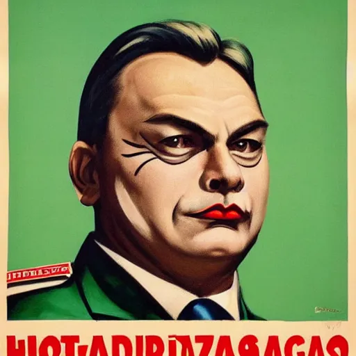 Prompt: highly detailed propaganda poster portrait of the leader of fascist hungary, viktor orban with cat whiskers face painting, looking into the distance 1 9 5 0, by edward hopper