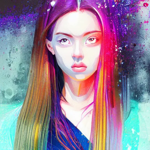 Image similar to a painting of a hard surfaces girl with long hair, digital art by ryuzaburo umehara, featured on pixiv, detailed illustration, digital art, synchromism, flat shading, full body, metaphysical painting, speedpainting, digital painting, holographic undertones, highly saturated colors, 4 k, digital art, concept art, trending on artstation