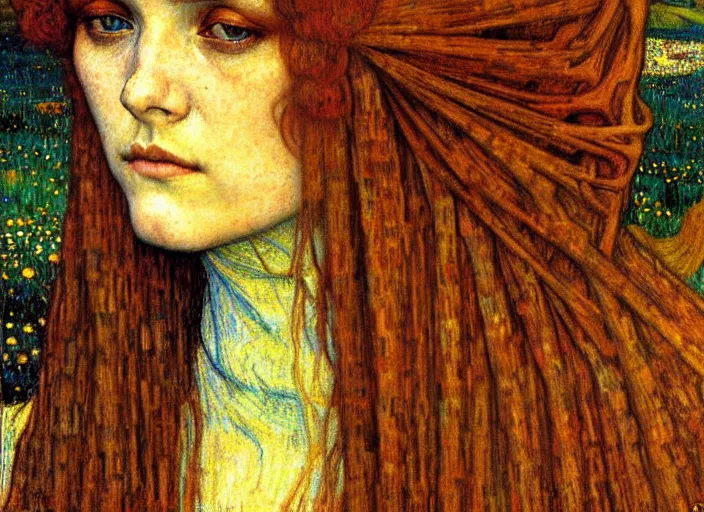 Image similar to detailed realistic beautiful young medieval queen face portrait by jean delville, gustav klimt and vincent van gogh, art nouveau, symbolist, visionary, gothic, pre - raphaelite, muted earthy colors, desaturated