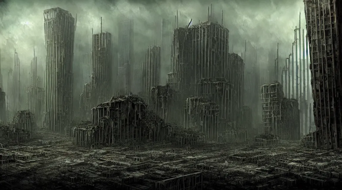 Image similar to post - apocalyptic dystopian building, avenue, in the style of vladimir manyukhin