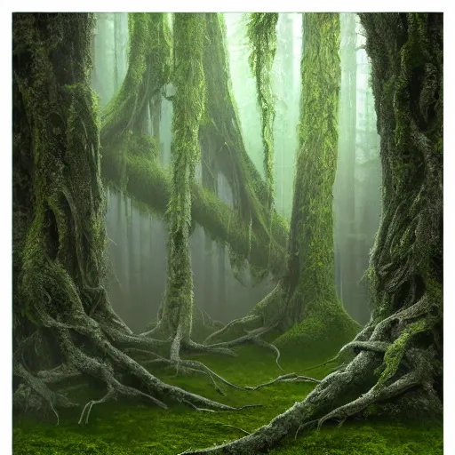 Image similar to Foggy forest with huge trees overgrown with moss and lianas, a hunter in combat wooden exoskeleton with chrome details walks between the roots. beautiful strange detailed painting 8k resolution deviantart trending on Artstation concept art digital illustration Unreal Engine VRay, lots of reflective surfaces, lots of reflective surfaces, subsurface scattering