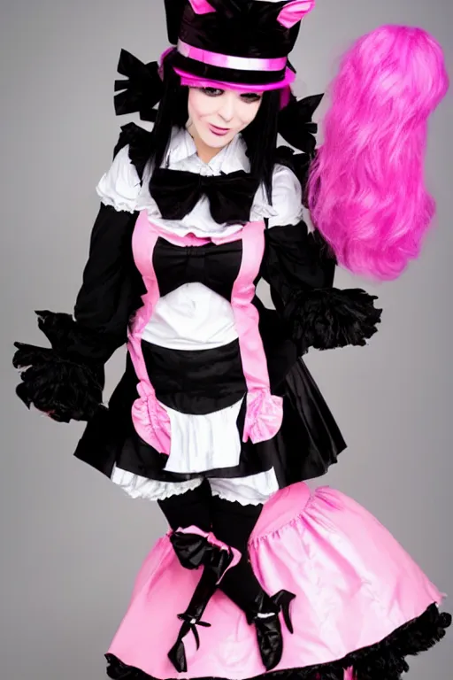 Prompt: Anime Catgirl with black fur, pink hair, and pink eyes in Gothic Lolita maid costume wearing small top hat