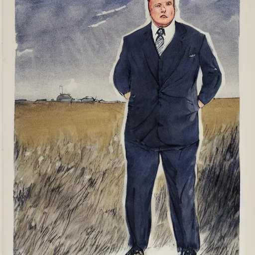 Prompt: the chubby white man stood patiently, his legs spread apart, wearing a dark gray chalk stripe three-piece suit, a blue dress shirt with white cuffs and collars, a midnight blue necktie, and a pair of worn-in wheat Timberland Boots