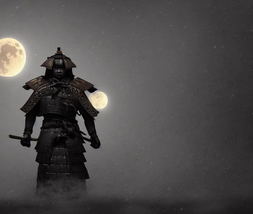 Image similar to 'a samurai! haunted by souls and ghosts with a big full moon on background , gloomy and foggy atmosphere, octane render, artstation trending, highly detailded'