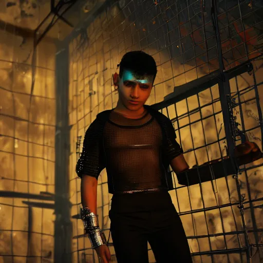 Image similar to A caucasian teenage boy wearing a black mesh crop top and black shorts standing in a mad max cage. The boy is surrounded by a colorful nebula. Cyberpunk, Digital Art, unreal engine 5, 50mm, f2.8