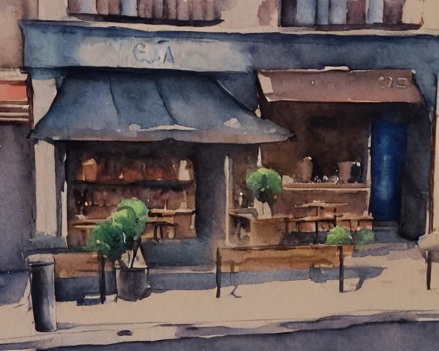 Prompt: a coffee shop smooth light color watercolor