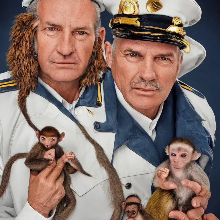 Prompt: high fashion photoshoot octane render portrait by wayne barlow and carlo crivelli and glenn fabry, a distinguished sea captain wearing a colorful uniform and holding a small monkey while standing on a beautiful high - end white and wood yacht, very short depth of field, bokeh