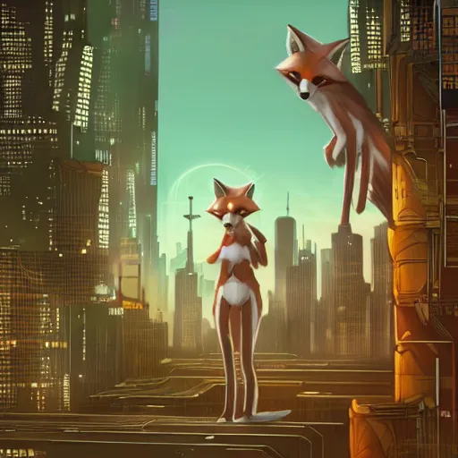 Prompt: an anthropomorphic fox, holding her paws together behind her back staring over a futuristic city from the top of a roof, highly coherent, trending on furaffinity, cyberpunk