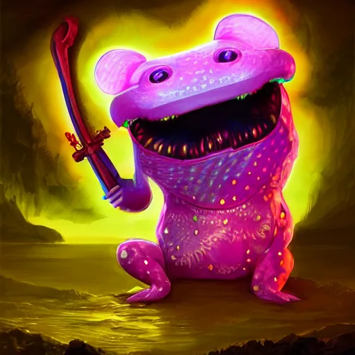 Prompt: uv-reactive fluorescent ultra-detailed anthropomorphic axolotl with a sword and a lantern, digital art, 4k HD, artstation HD