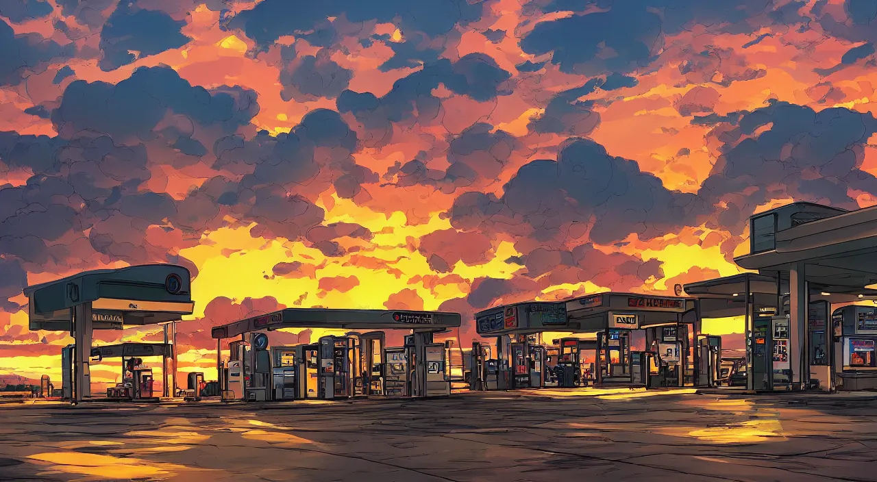 Prompt: gas station south west sunset beautiful artstation 4 k breathtaking concept art illustration cartoon by jack kirby