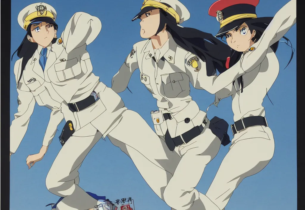 Image similar to police woman, animation cel for anime movie, designed by haruhiko mikimoto