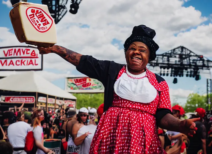 Image similar to photo still of aunt jemima in period attire at vans warped tour!!!!!!!! at age 4 0 years old 4 0 years of age!!!!!!! on stage throwing pancakes to the crowd, 8 k, 8 5 mm f 1. 8, studio lighting, rim light, right side key light