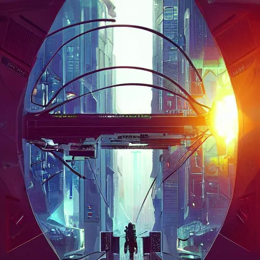 Image similar to busy cyberpunk futuristic cityscape located under a bridgeway, world seen only through a portal, daylight, cinematic perspective, cinematic lighting, blue sky, syd mead, john harris, symmetrical