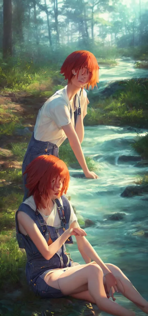 Prompt: southern ginger woman in ripped overalls sitting beside a river, airbrushed, hazy, gentle, soft lighting, wojtek fus, by makoto shinkai and ilya kuvshinov,