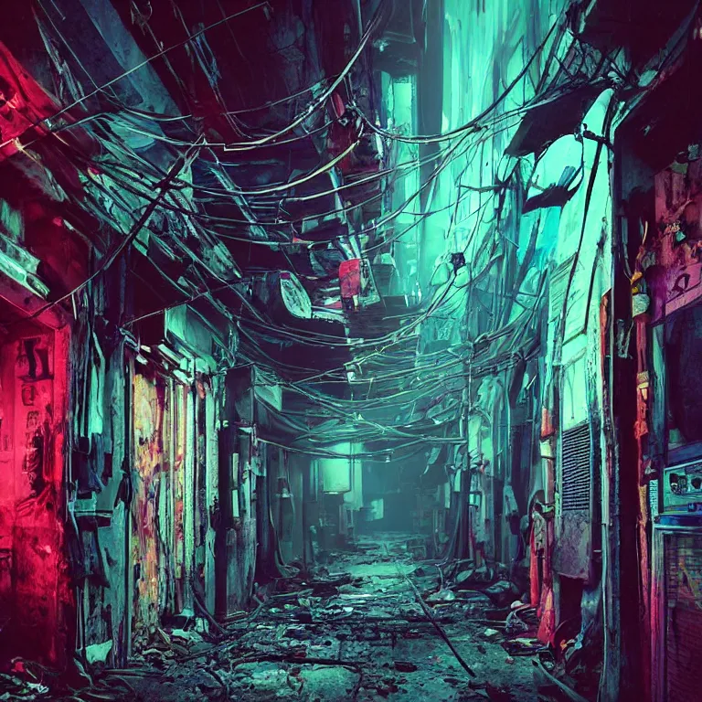 Prompt: dark decaying hallway with old televisions in a cyberpunk slums, wires and rebar hanging from ceiling and walls, obscured hooded person walking, neon colored fluorescent lighting, neon colored haze, vibrant colors, high detail, swampy atmosphere, liminal space,