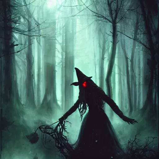 Image similar to witch performing a ritual in a dark forest painted by Raymond Swanland