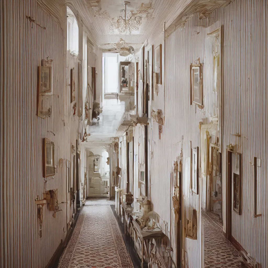 Image similar to photograph of a hallway in the style of Wes Anderson, architecture magazine, dezeen, 50mm, pentax, film