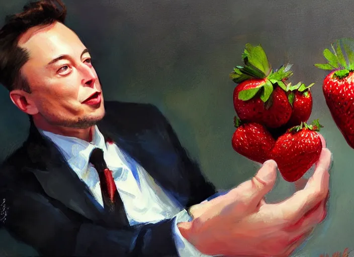 Image similar to a highly detailed beautiful portrait of elon musk with an strawberry, by gregory manchess, james gurney, james jean