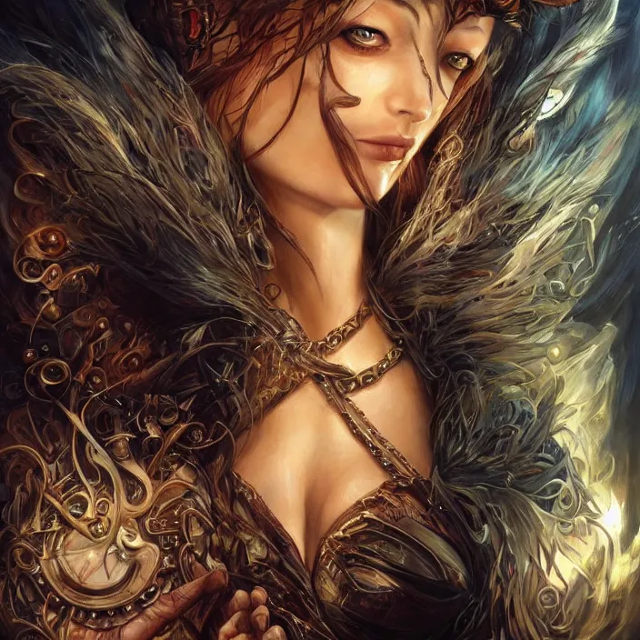 Prompt: a highly detailed painting of a sorceress with piercing beautiful eyes, dark tomb setting, dynamic lighting, ambient lighting, deviantart, art by artgerm and karol bak and mark brooks