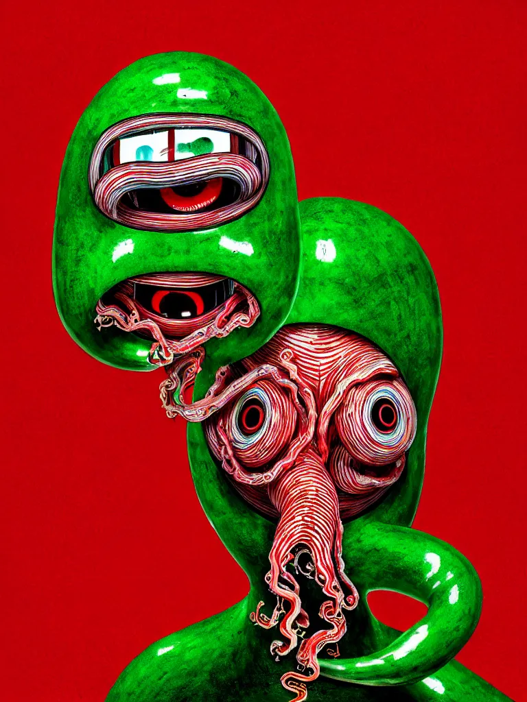 Image similar to a self portrait photograph by the artist kelbv, in distinct hyper detailed style with tubes coming from eyes, and hollowed out head filled with red and green gingham ellipsoids, perfect studio lighting against a backdrop of a still from the movie squid asthma.