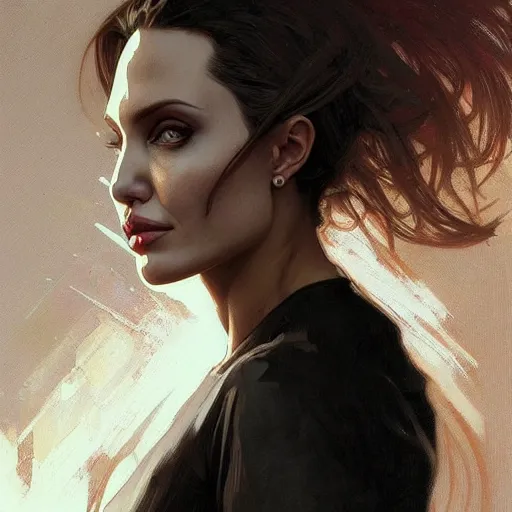 Image similar to portrait of angelina jolie by greg rutkowski, alphonse mucha and ayami kojima, very tall and slim, wearing a oversized jumper jumpsuit, scifi, highly detailed portrait, digital painting, artstation, concept art, smooth, sharp foccus ilustration, artstation hq