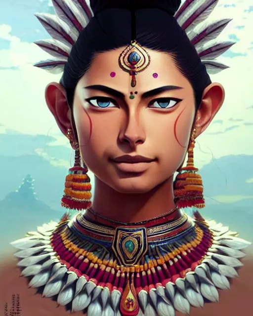 Image similar to indian warrior, doutzen kroes, detailed perfect face, exquisite details, septum piercing!!!!, wind magic, upper body, design on a white background, by studio muti, greg rutkowski makoto shinkai takashi takeuchi studio ghibli