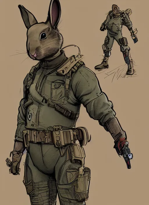 Prompt: mr rabbit dressed in combat gear. cyberpunk rabbit mercenary in tactical gear and jumpsuit. portrait by stonehouse and mœbius and will eisner and gil elvgren and pixar. realistic proportions. dystopian. cyberpunk 2 0 7 7, apex, blade runner 2 0 4 9 concept art. cel shading. attractive face. thick lines.