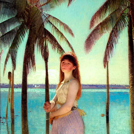 Image similar to a ultradetailed beautiful painting of a girl in the amazonas palace designed by jules bastien - lepage, hans belmer, frank weston and gustave baumann, beach, trending on artstation, mediterranean, palm trees, refracted color sparkles, sharp focus, soft light, 8 k 4 k