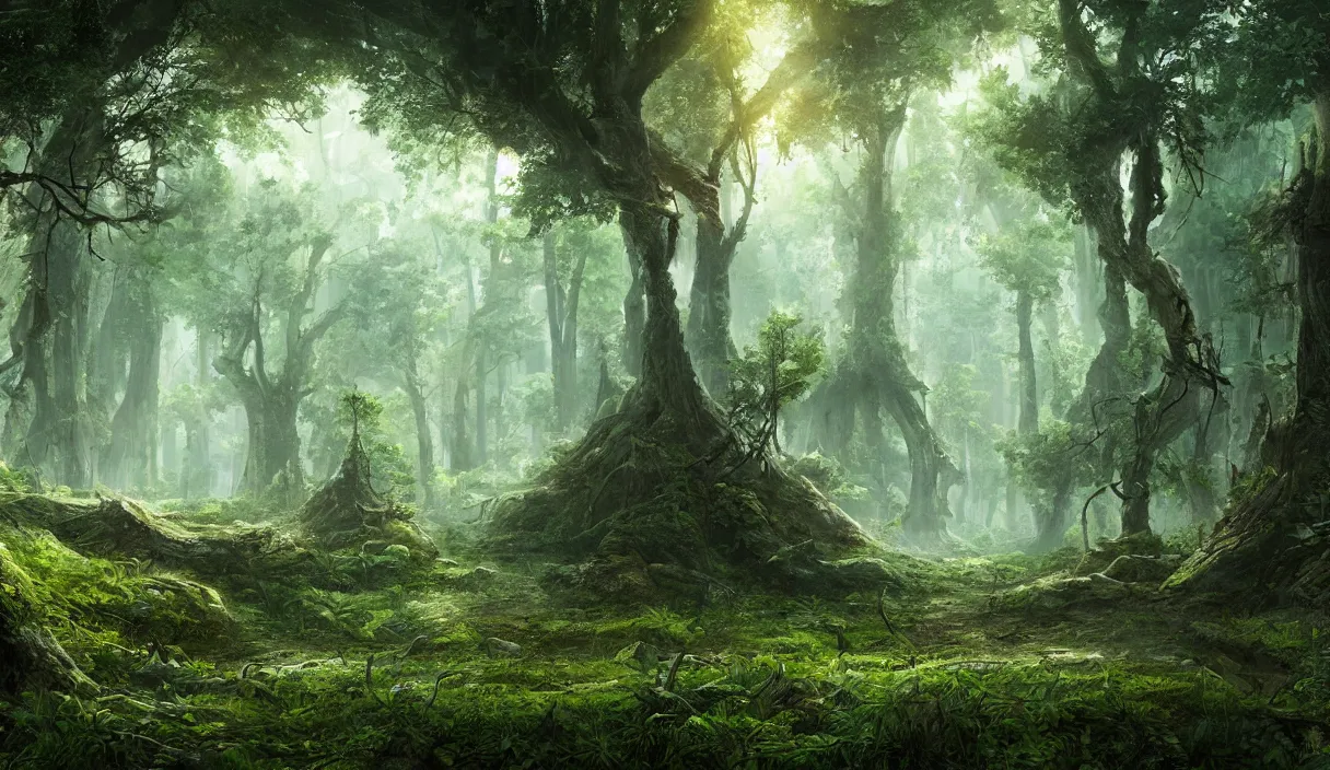 Image similar to a clearing in the forest, sharp focus, matte painting, illustration, concept art, ancient city covered in foliage