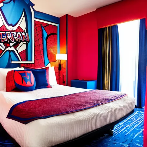 Image similar to photography of theme park hotel room themed to spider - man motif. bed has spider - man blankets. wall has spider - man pattern. furniture has spider - man motif. furniture is shaped like spider - man furniture. carpet has spider - man motif. lighting has spider - man film shapes