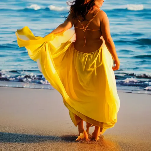 Prompt: photo of beautiful woman in a flowing yellow dress walking down the beach at sunset, vibrant, 4 k