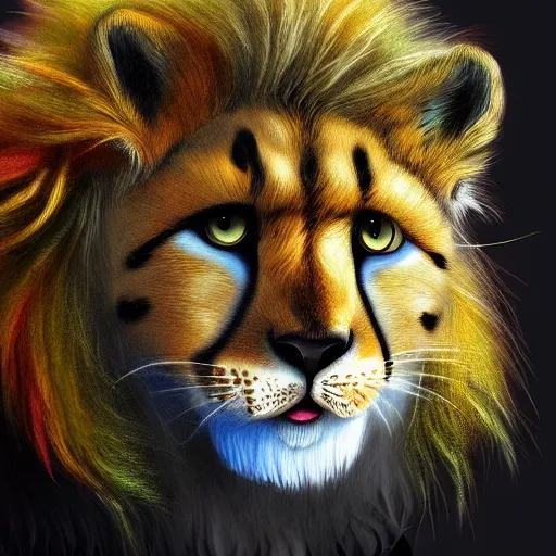 Prompt: cute fluffy cheetah cat mixed creature with long colorful flowing lion mane with mohawk hairstyle hybrid animal detailed painting 4 k