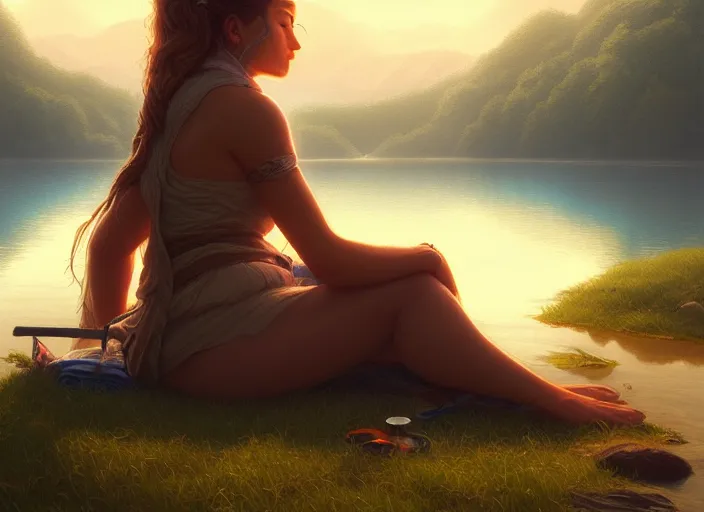 Prompt: full portrait of mage traveller resting at her tent at a lake. intricate, elegant, highly detailed, digital painting, artstation, concept art, smooth, sharp focus, illustration, art by artgerm and greg rutkowski and, 8 k