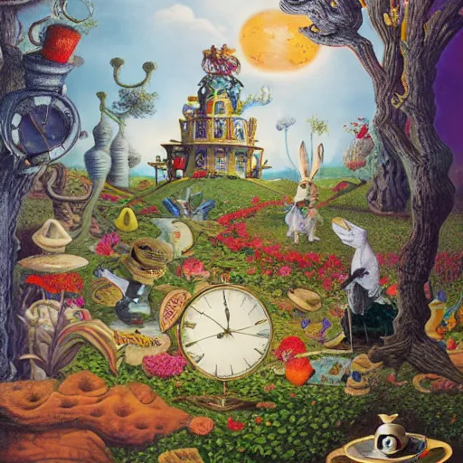 Prompt: the white rabbit wearing a top hat and vest, is looking at his pocketwatch in wonderland, by jacek yerka and salvador dali, detailed matte painting, 8 k resolution