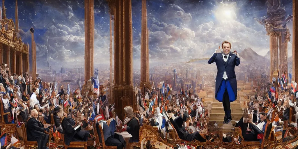 Image similar to emanuel macron hacking his way to illuminati council, freemason, epic, esoteric, matte painting, ultra detailled