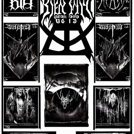 Prompt: black metal concert flyer, black metal logos, unreadable, 3 band lineup