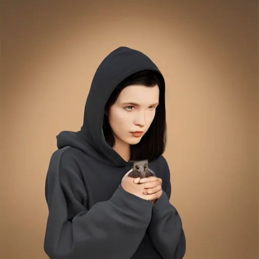 Image similar to a matte painting of a pale young girl in a black hoodie and black hair with a cat by frank lloyd wright and zaha hadid torch volume light stylized illustration digital airbrush painting, 3 d rim light, hyperrealistic masterpiece, artstation, cgsociety, kodakchrome, golden ratio