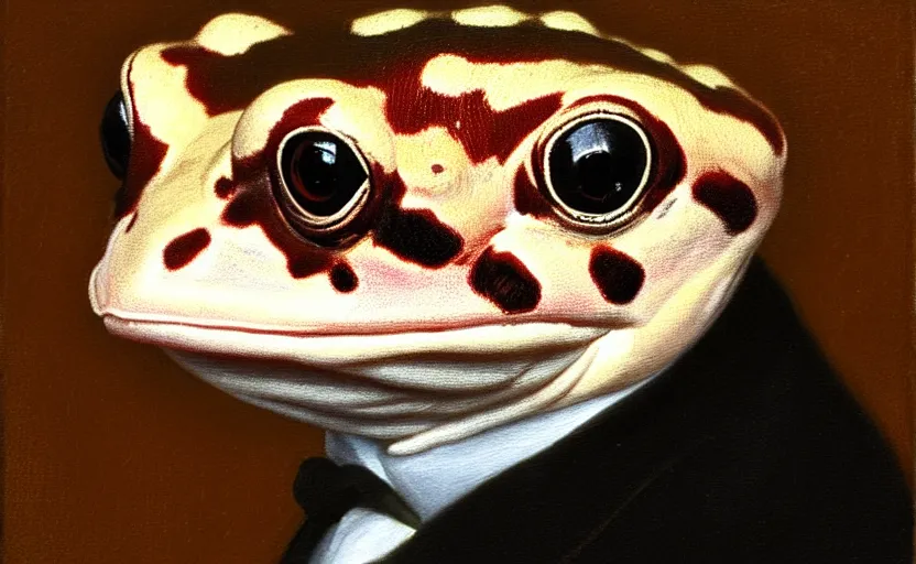 Image similar to a head - and - shoulders portrait of an amazon milk frog looking off camera wearing a black suit jacket, tan vest, and white ascot, an american romanticism painting, a portrait painting, cgsociety, soft focus, oil on canvas