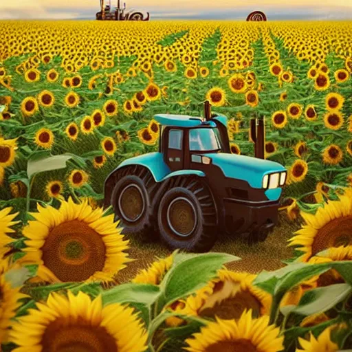 Image similar to cute tractor on sunflower field cyberpunk art by mike winkelmann, trending on cgsociety, retrofuturism, reimagined by industrial light and magic, darksynth, sci - fi