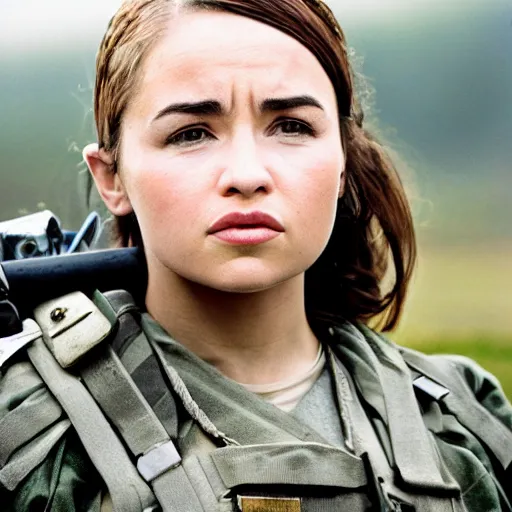 Prompt: emilia clark as a female soldier, pentax k 1 0 0 0