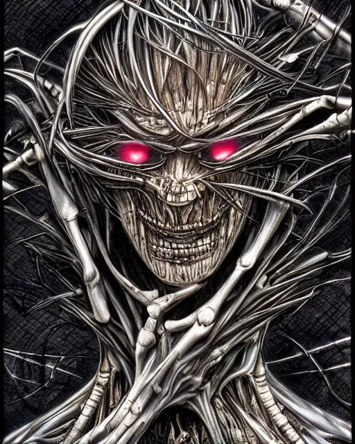 Image similar to light yagami by yoshitaka amano, by hr giger, biomechanical, 4 k, hyper detailed, hyperrealism, anime