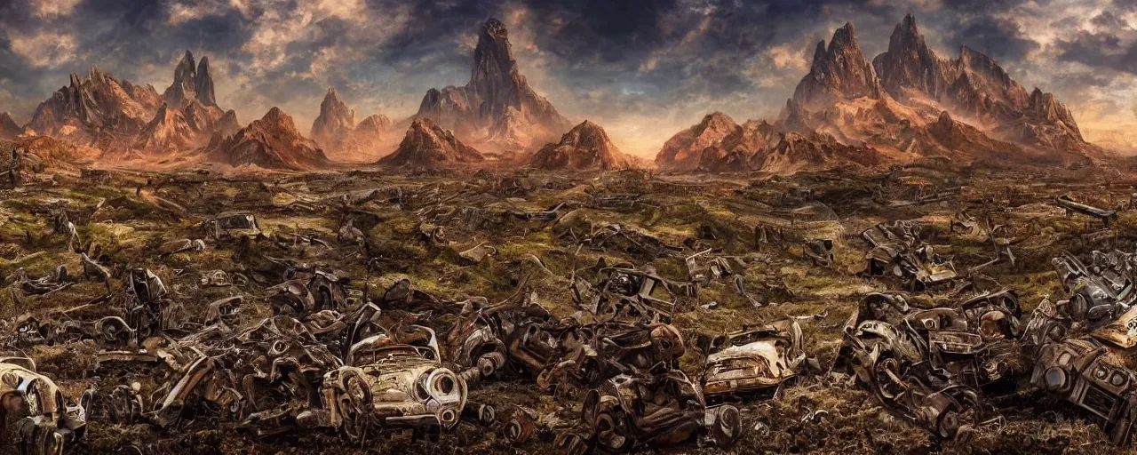 Image similar to apocalypse landscape, ruins and mountain in the background, broken rusty robots scattered on the ground, masterpiece 4k, intricate details, realistic, panoramic view, Hyperdetailed, 8k resolution, intricate art nouveau