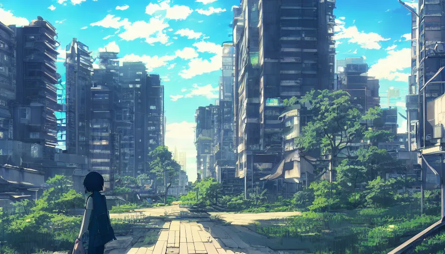 Prompt: cityscape, makoto shinkai style, anime, pixiv fanbox, sunny, blue skies, post - apocalyptic, geometric, overgrown