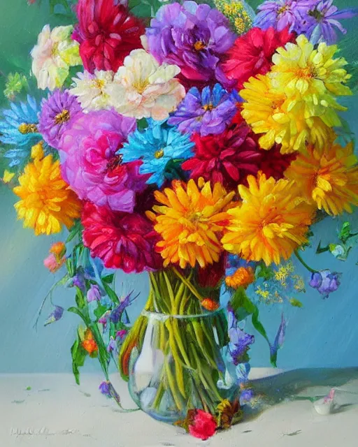 Image similar to oil on canvas illustration of the most beautiful bouquet of flowers, colorful, artstation, deviantart, pinterest, 5 0 0 pc