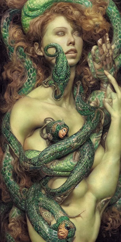 Prompt: epic masterpiece portrait of a snake tattooed gymnast, followed by heads with many souls, beautiful face and flawless skin, perfect hands, emeralds by Edgar Maxence and Ross Tran and Michael Whelan